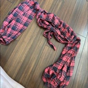 Off the shoulder plaid crop with puffy sleeves